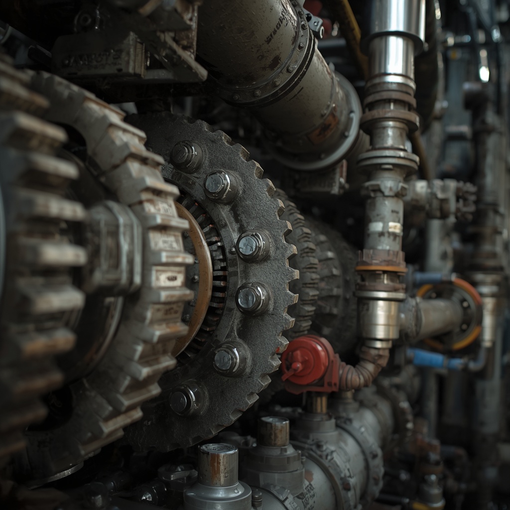 Close-up of complex industrial gears and hydraulic machinery